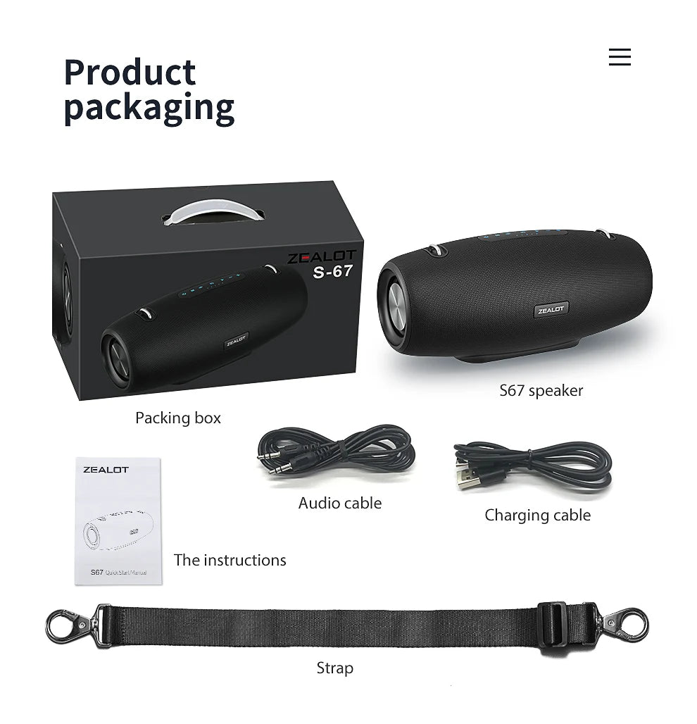 Zealot S67 Wireless Speaker with Shoulder Strap – Outdoor Waterproof Portable Speaker with Loud Stereo & Booming Bass, 40H Playtime