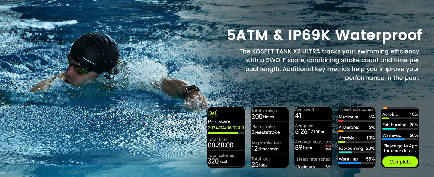 KOSPET TANK X2 Ultra GPS Smart Watch – Military Grade, 3D Curved AMOLED Display, Compass & Altimeter, Waterproof Smartwatch