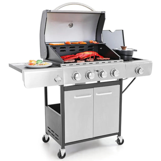 4-Burner Propane Gas BBQ Grill with Side Burner & Porcelain-Enameled Cast Iron Grates – 42,000 BTU