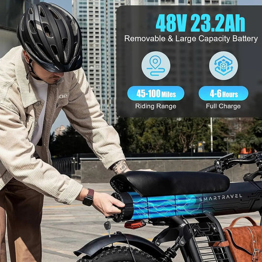 SmartTravel 1200W Electric Bike for Adults – 48V 23Ah Battery, 32MPH Fat Tire Commuter E-Bike with Full Suspension & Hydraulic Brakes