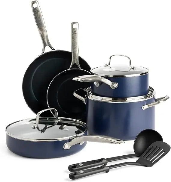 Blue Diamond 10-Piece Nonstick Cookware Set – Diamond Ceramic Coating, Toxin-Free, Dishwasher & Metal Utensil Safe