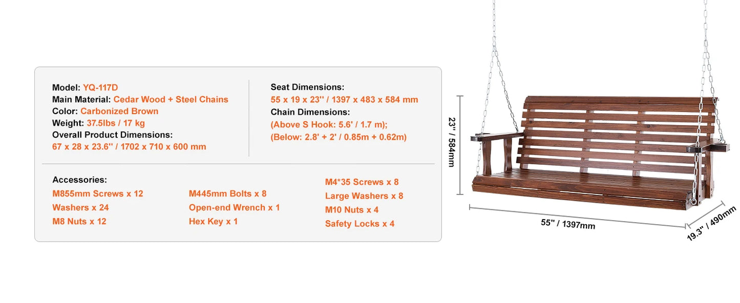 Wooden Porch Swing 5 FT – Heavy-Duty Outdoor Hanging Bench