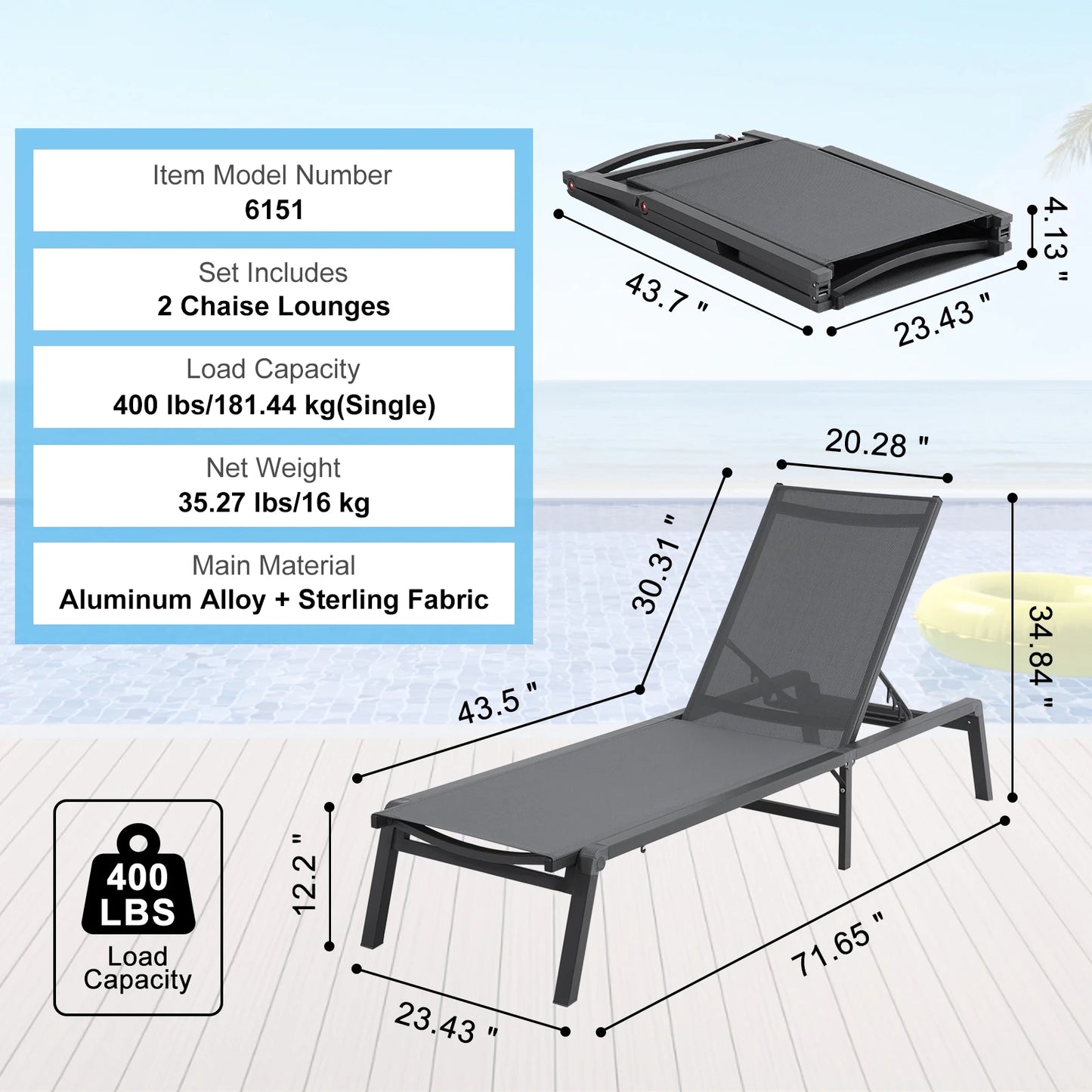 SucceBuy Chaise Lounge Chair Outdoor Aluminum Patio Lounge Folding Pool Lounge Recliner Full Flat