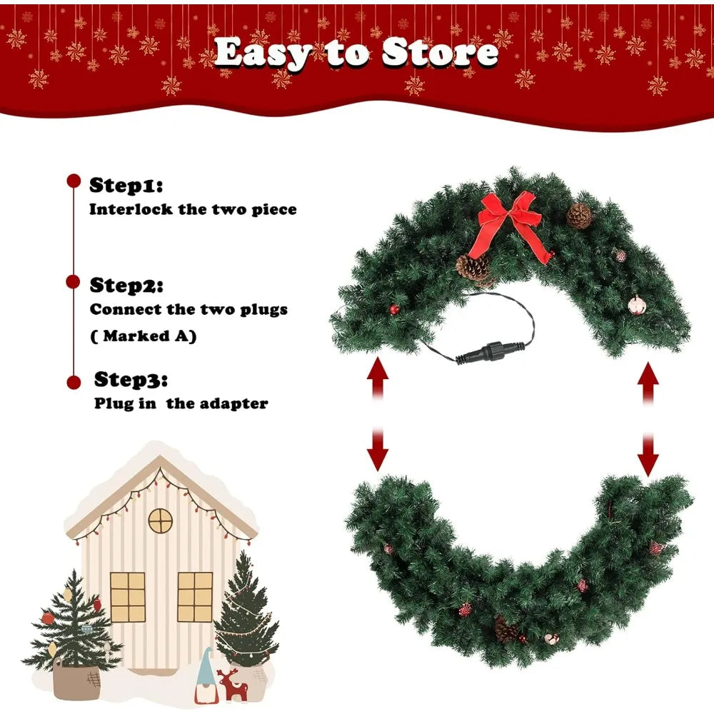 Outdoor Pre-lit Artificial Christmas Wreath, 48 Inch with 150 LED Lights and 450 PVC Branches, Durable Holiday Decorations
