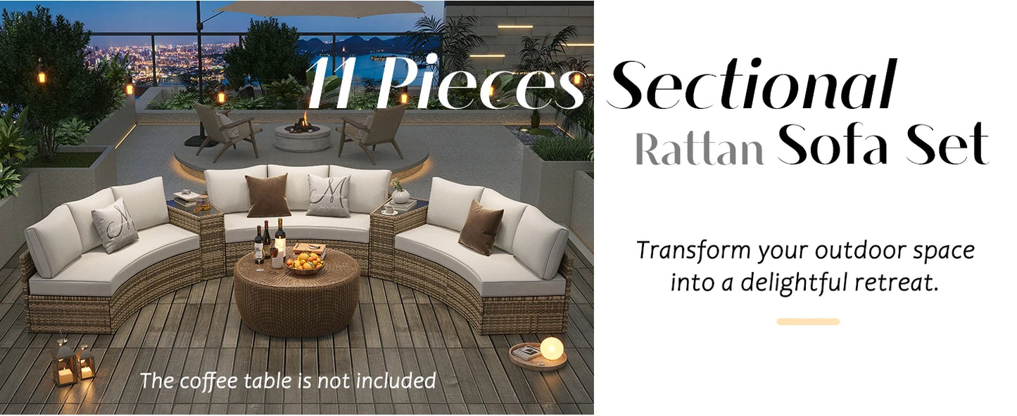 Patio Furniture Sets, 11 Piece Half-Moon Sectional Round Sofa Set, Outdoor Patio Furniture with Cushions & Wedge Table