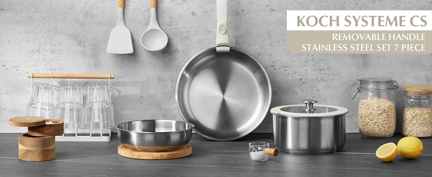 KOCH SYSTEME CS 7-Piece Stainless Steel Cookware Set with Detachable Handle – Induction Ready, Oven Safe, Space-Saving Design