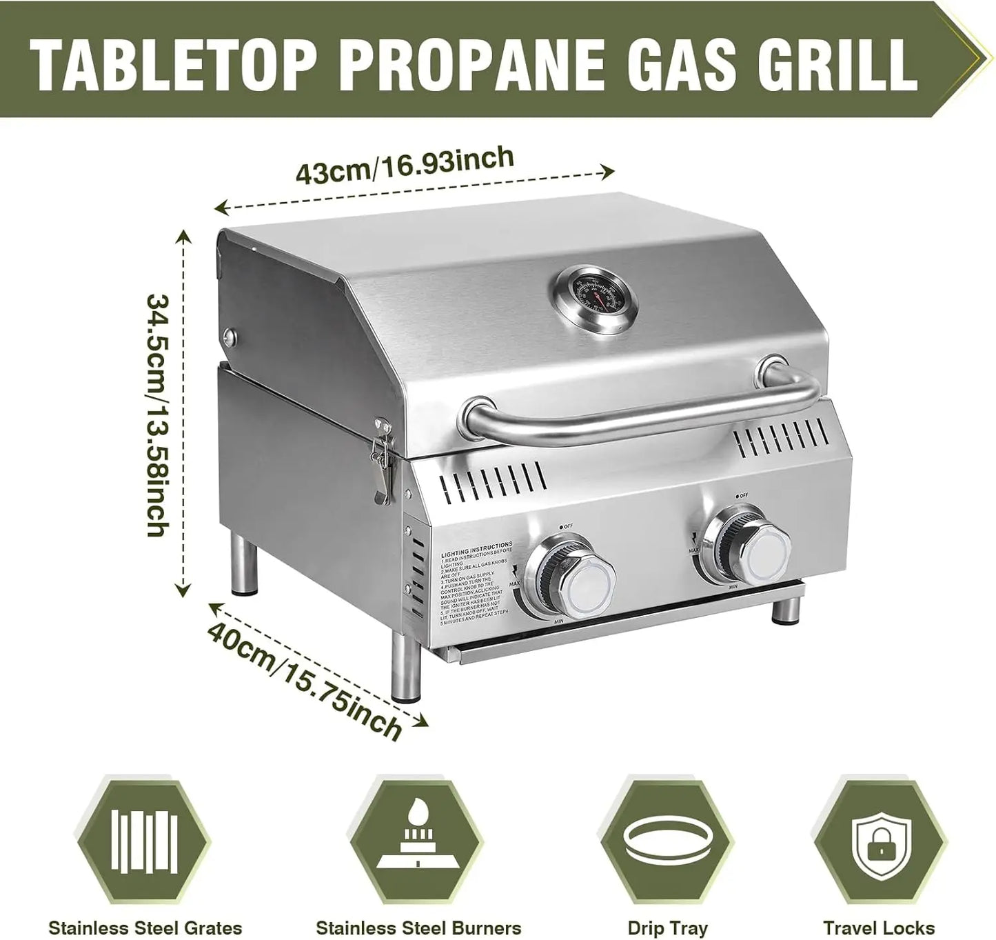 Stainless Steel Tabletop Propane Gas Grill – 2 Burners, 20,000 BTUs, Portable BBQ for Camping, Tailgating, Patio, RV Trips & Backyard Use