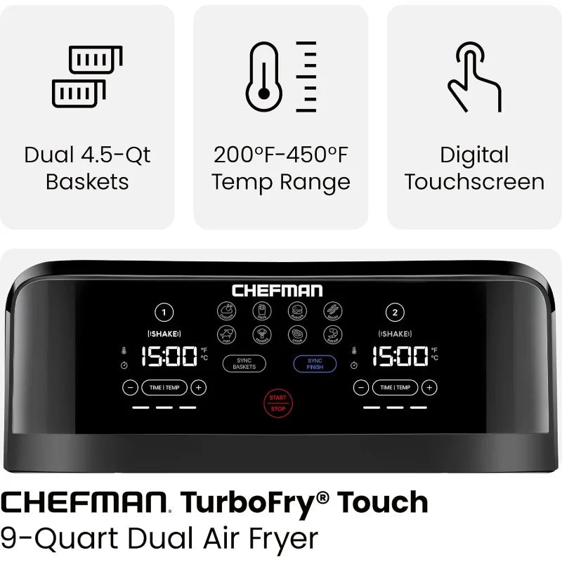 Chefman TurboFry® Touch 6-Quart Dual Basket Air Fryer – Sync Cook Finish, Hi-Fry Crisp Mode, Digital Touchscreen