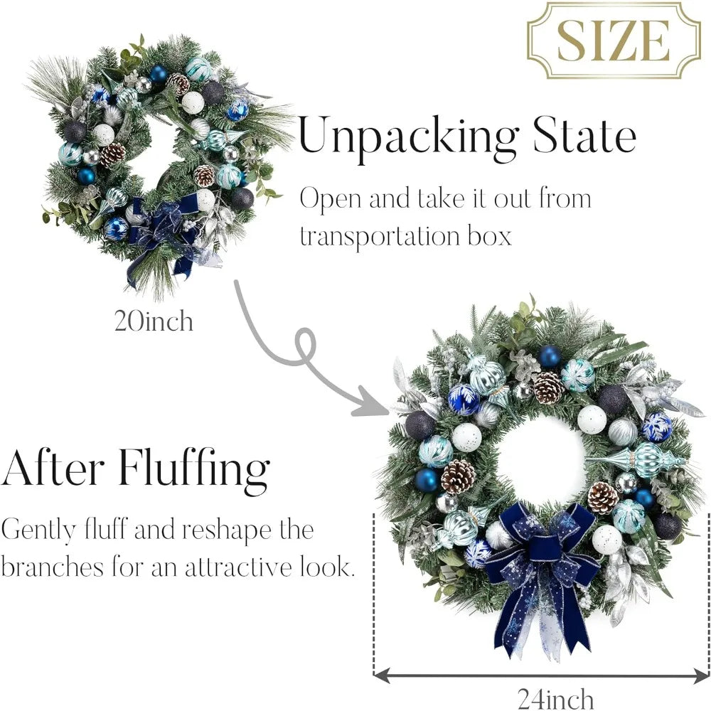 Large Outdoor Lighted Christmas Wreath with Silvery Blue Accents for Front Door, 24 Inch Pre-Lit Holiday Decoration