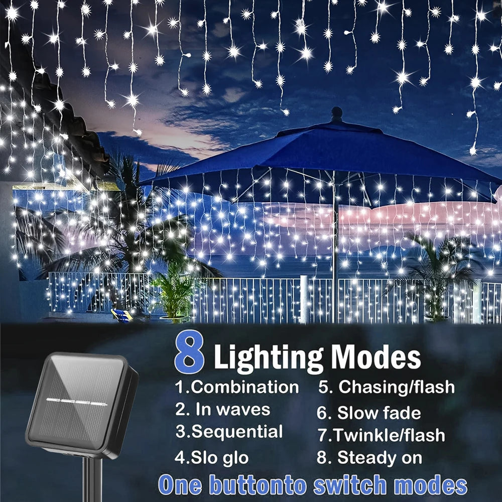 Solar LED Eaves Icicle String Lights 8 Lighting Modes Outdoor Waterproof Christmas Decorations