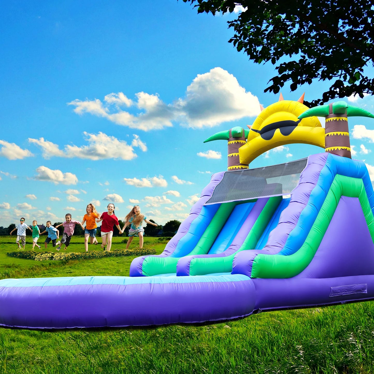 Inflatable sunflower water slide with splash pool, double slides, and air blower