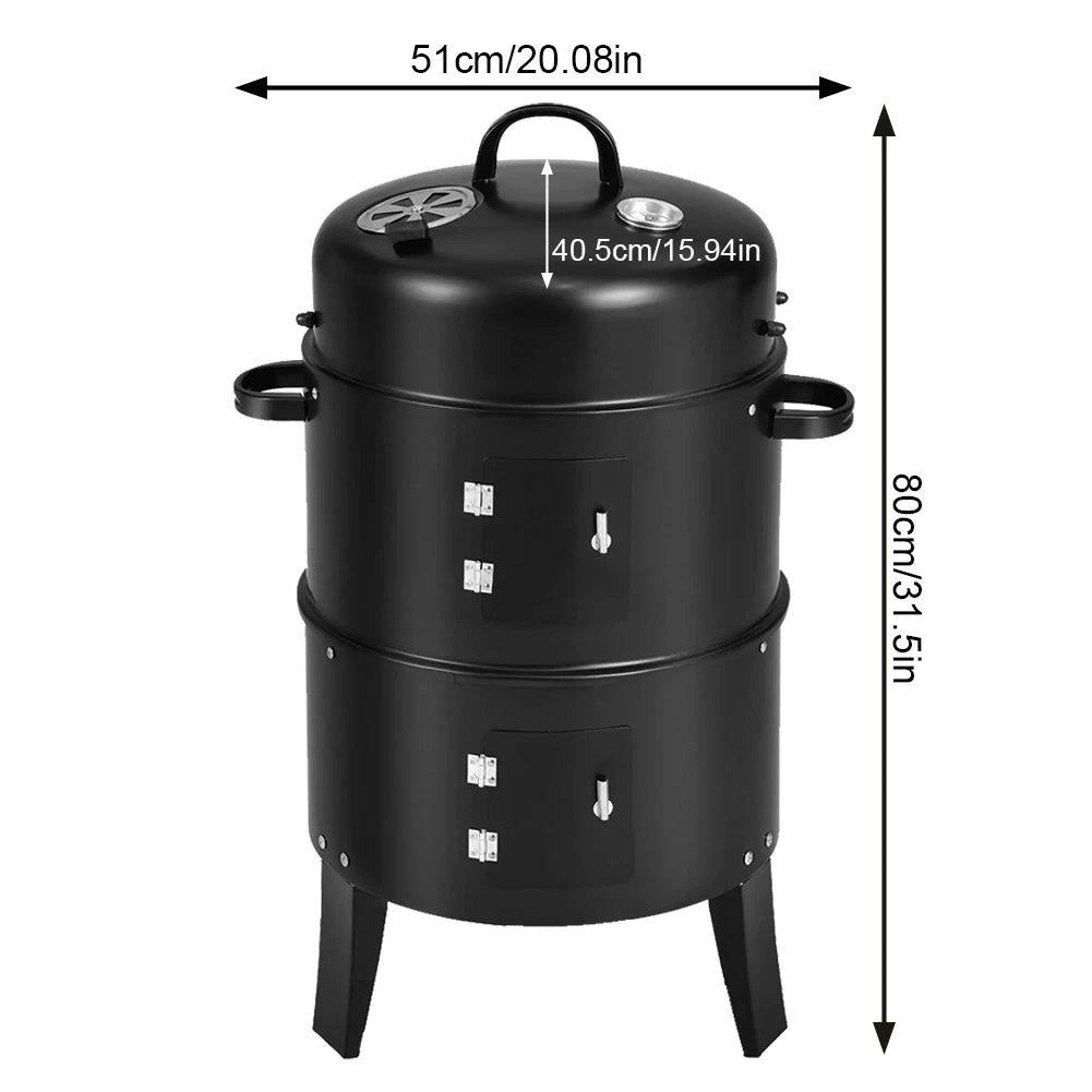 Vertical Charcoal Smoker with Built-in Thermometer – 3-Tier BBQ Smoker Grill with 2 Access Doors – Round Portable Smoker for Camping, Backyard, and Outdoor Cooking