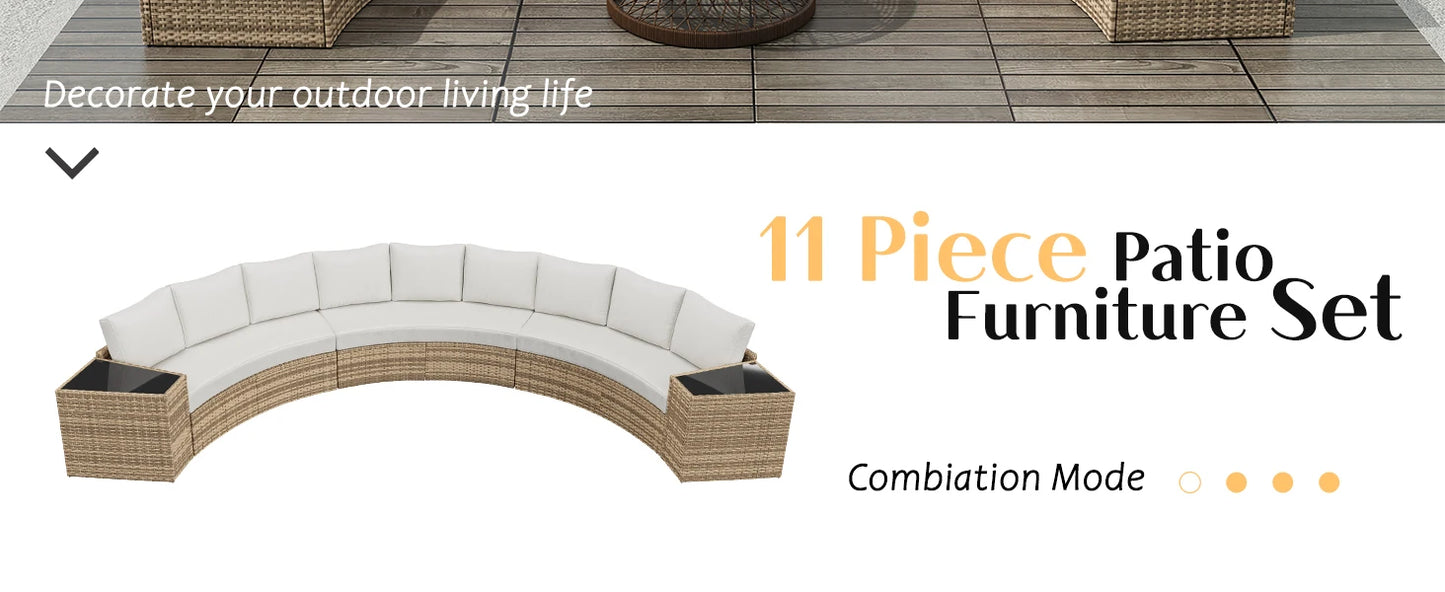 Patio Furniture Sets, 11 Piece Half-Moon Sectional Round Sofa Set, Outdoor Patio Furniture with Cushions & Wedge Table