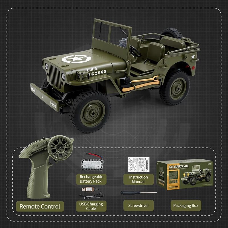 JJRC 1/10 Military RC Car – Full Steering, LED Lights, Metal Build, Off-Road Simulation Vehicle