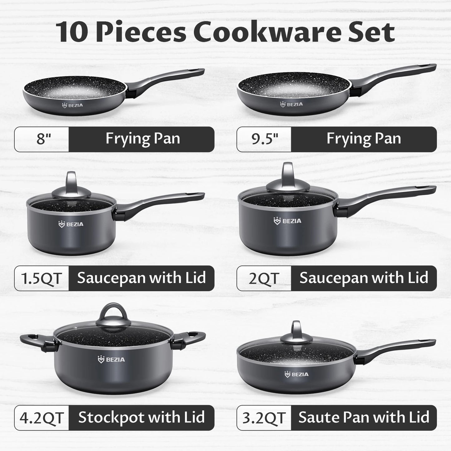 BEZIA Induction Cookware Pots and Pans Set – 10 Piece Nonstick, Dishwasher Safe with Stay-Cool Handles