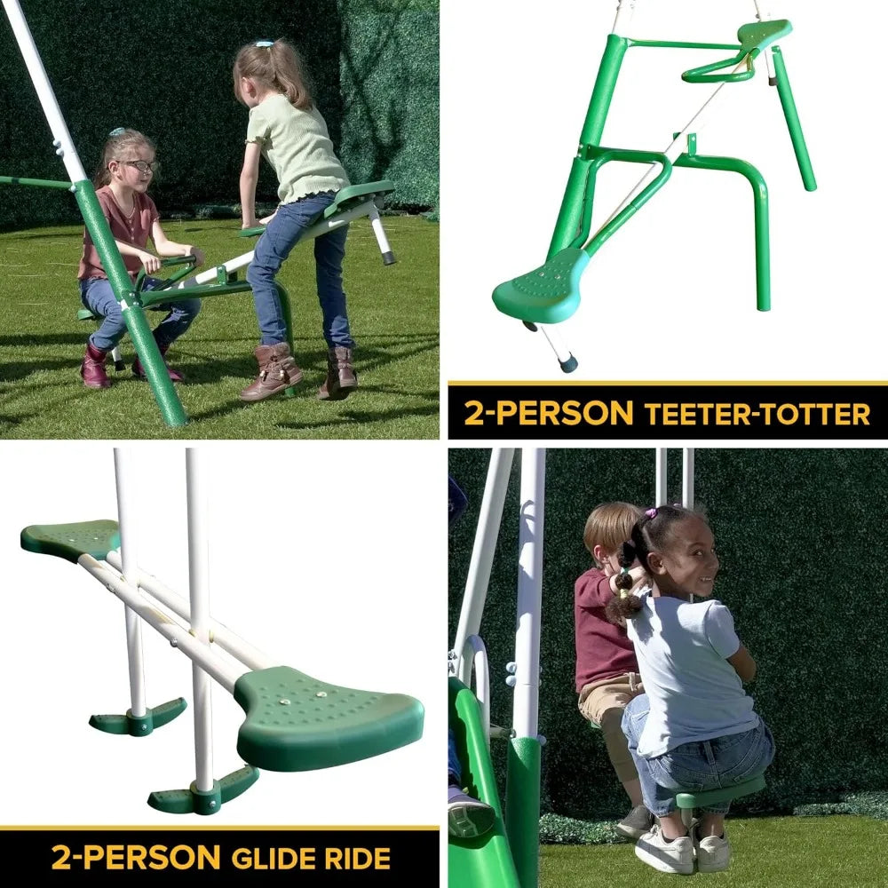 Park Ridge 8-in-1 Metal Swing Set – Outdoor Playground with Slide, Swings, Roman Glider, Teeter Totter & Anchor Kit – ASTM Certified for Kids Ages 3–8