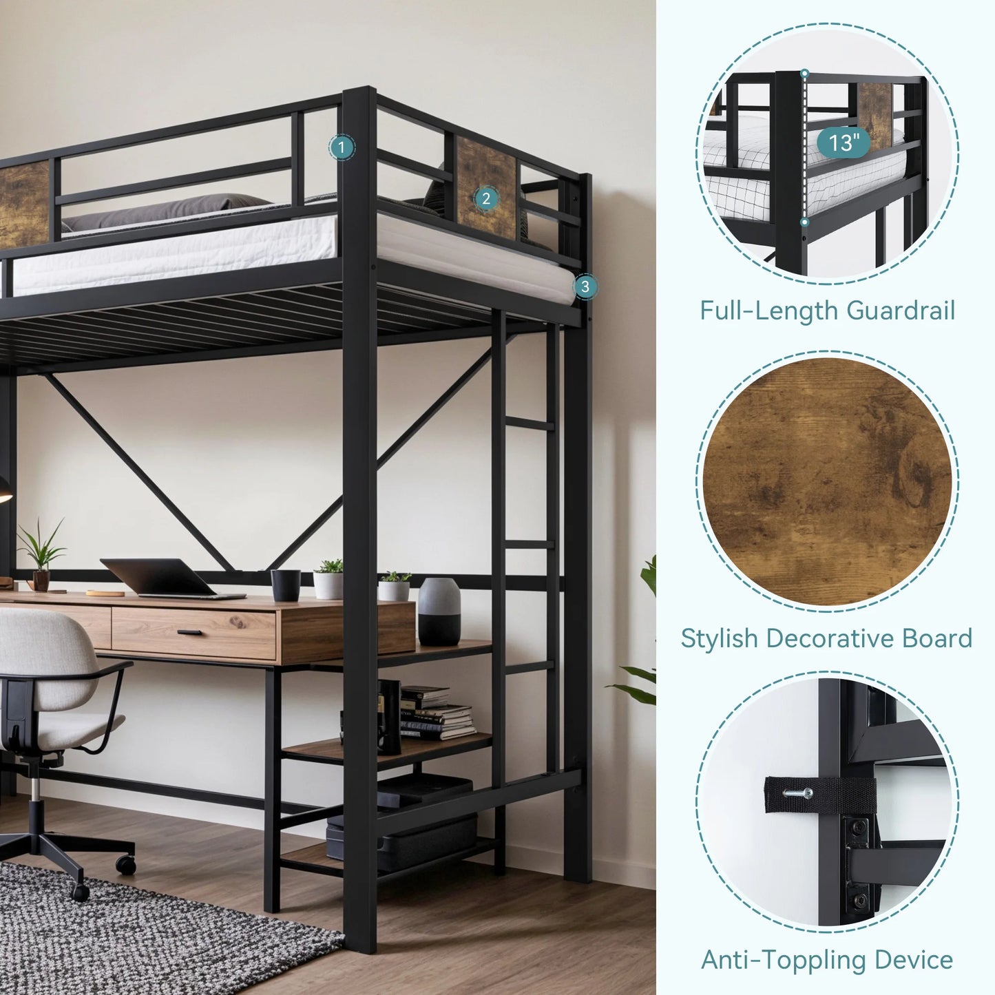 HOOMIC Twin Size Loft Bed Frame with Full-Length Guardrail