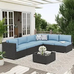 7-Piece Outdoor Patio Furniture Set – Wicker Sectional Sofa with Cushions & Glass Coffee Table