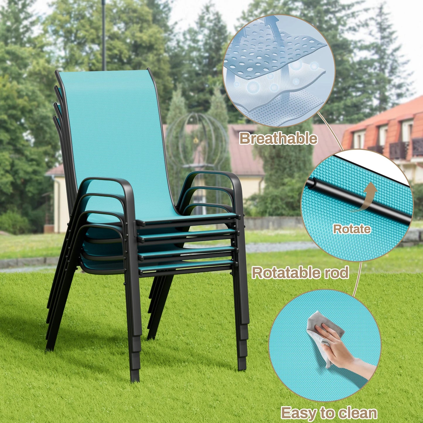 5-Piece Patio Dining Set Outdoor Furniture with Stackable Textilene Chairs & Glass Table
