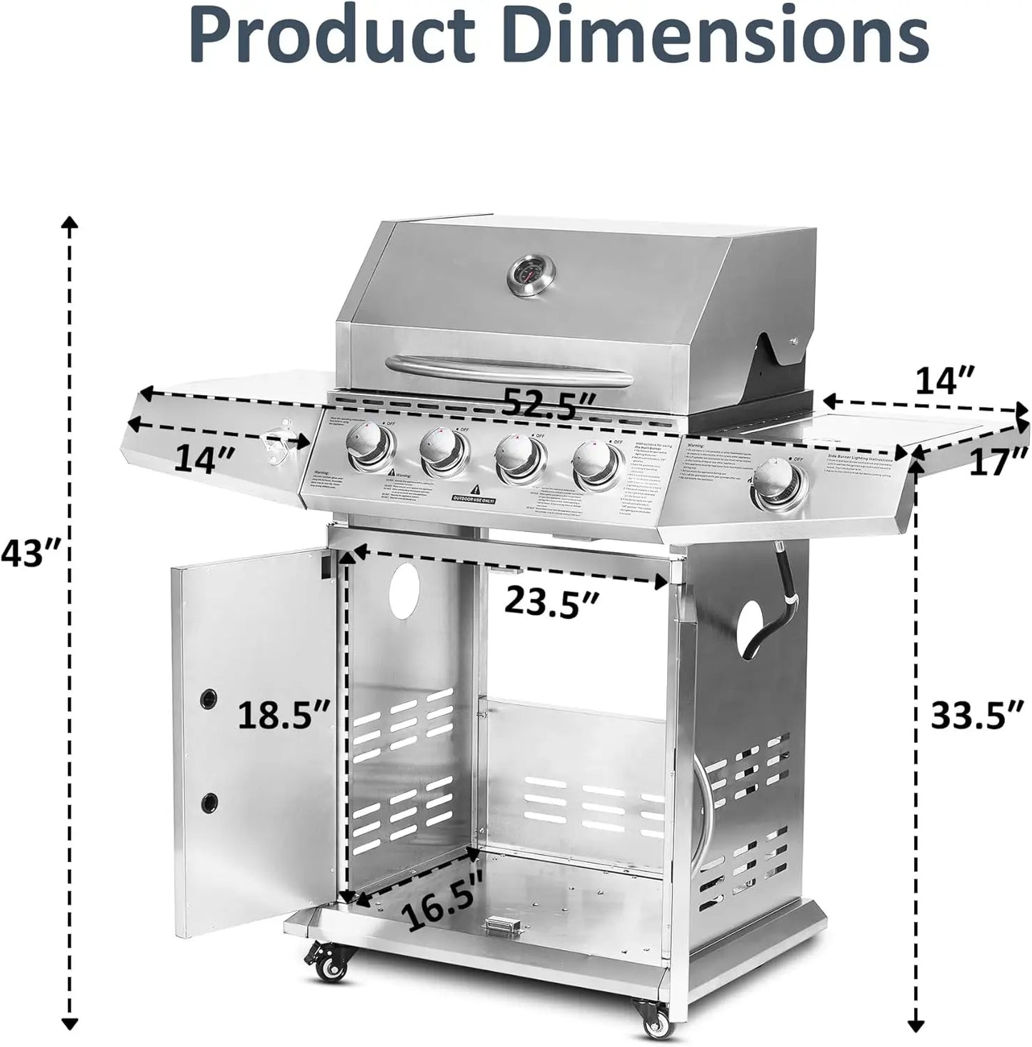 Propane Gas Grill 4 Burners with Side Burner – 60,000 BTU Stainless Steel Outdoor Grill Cart