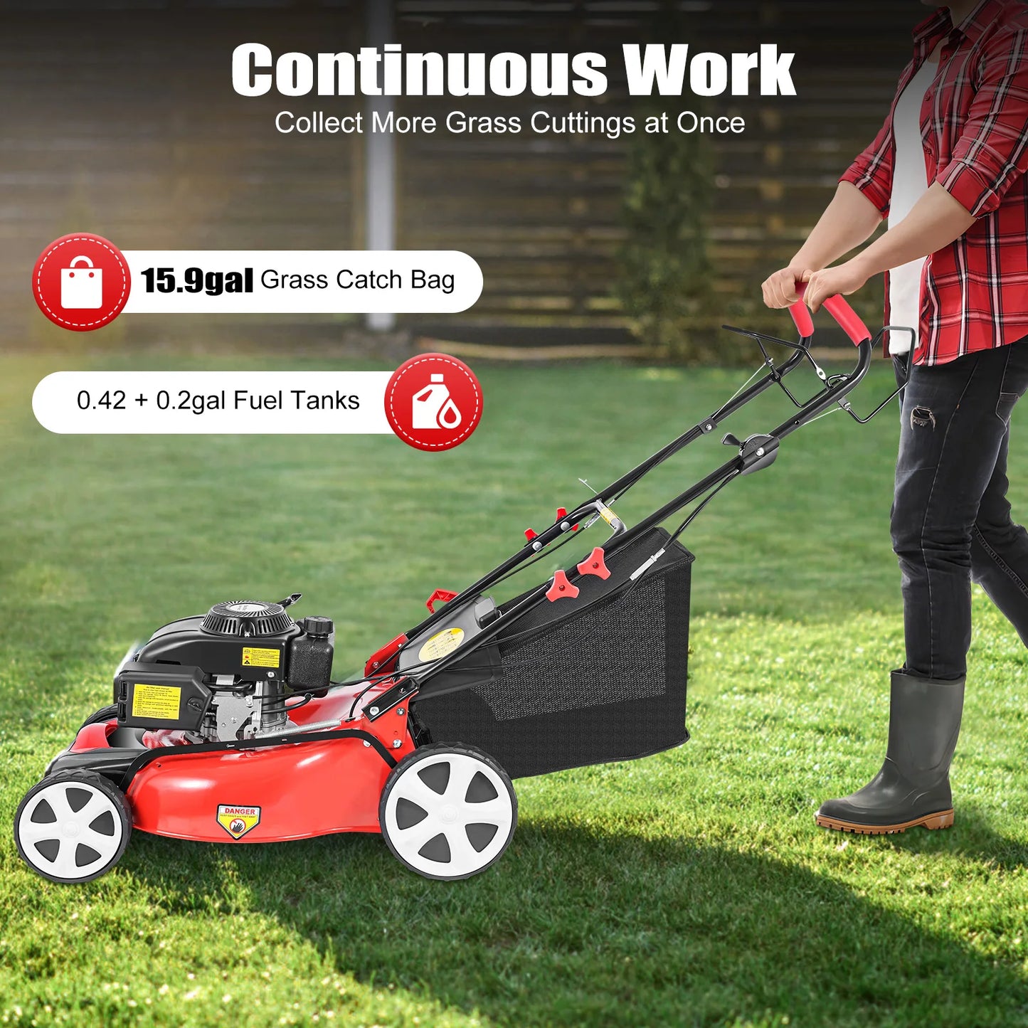 Self-Propelled Gas Lawn Mower 5HP 140CC, 20 Inch Cutting Width with 60L Grass Bag, 8 Height Adjustable 4-Stroke Engine