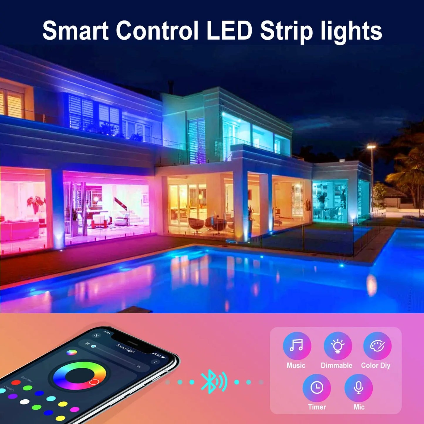 100ft led Strip Lights  Tape Lights with Remote Bluetooth Smart App 5050 RGB Color Changing Strip Lighting