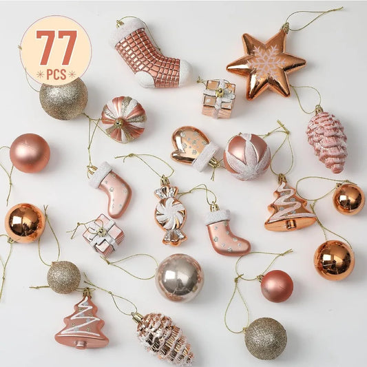 Assorted Shatterproof Christmas Tree Ball Ornaments 77 pcs Set in Rose Gold for Holiday Decorations