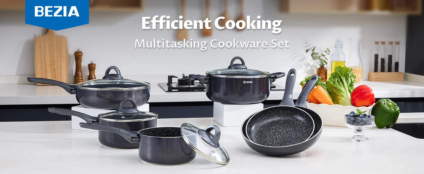 BEZIA Induction Cookware Pots and Pans Set – 10 Piece Nonstick, Dishwasher Safe with Stay-Cool Handles