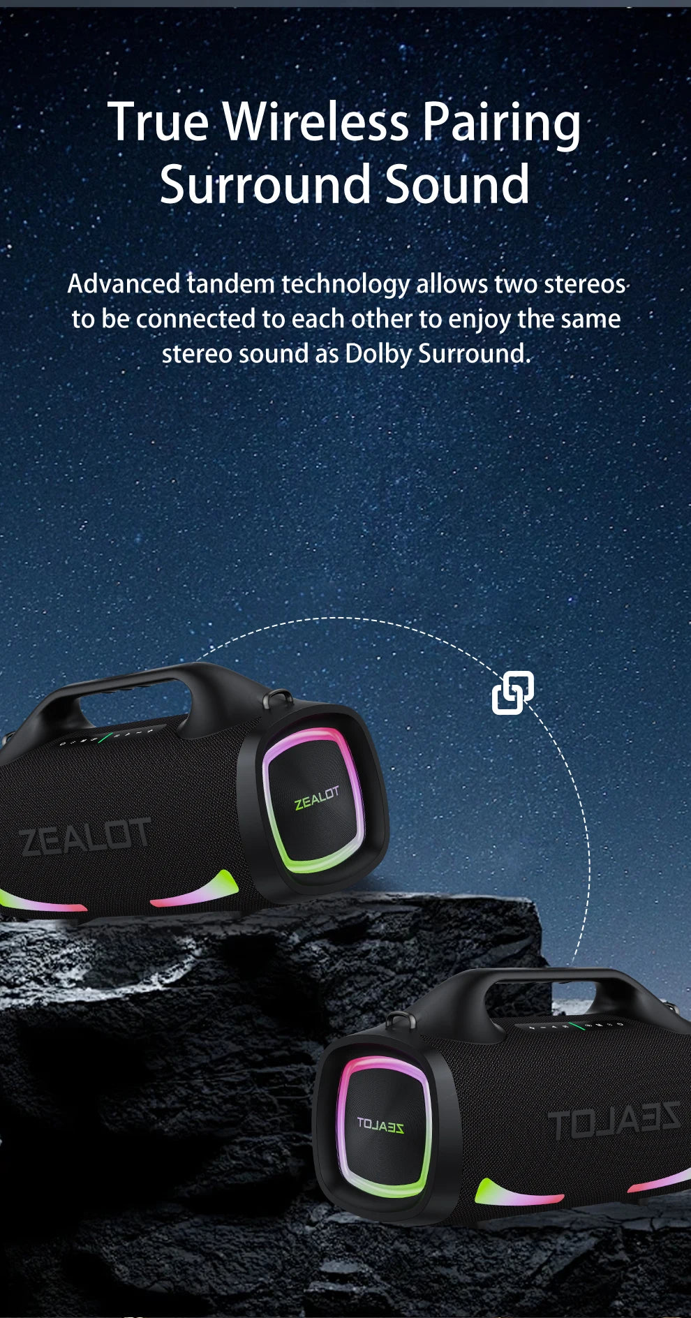ZEALOT 100W Portable Bluetooth Subwoofer Speaker – 24000mAh Battery, RGB Lights, Waterproof, Wireless Pairing