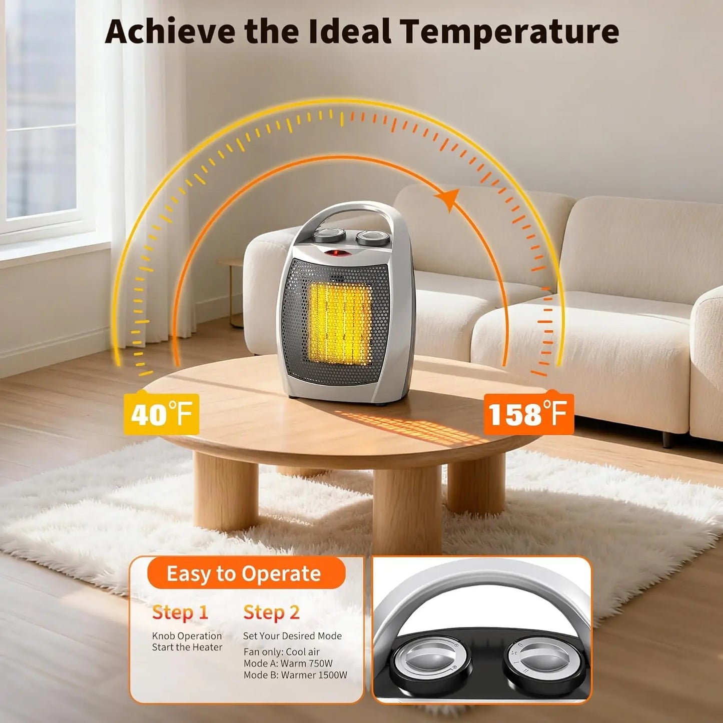 Portable Electric Space Heater for Home & Office – 1500W/750W Ceramic Desktop Heater with Thermostat, Tip-Over & Overheat Protection