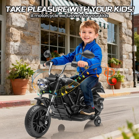 3-Wheel Kids Ride-On Motorcycle – 12V Electric Bike with Headlight, Training Wheels, Music, & Reverse Mode