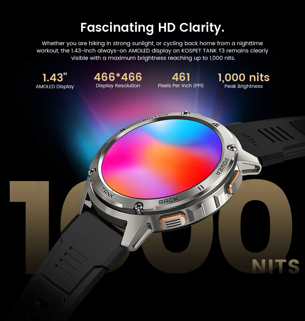 KOSPET TANK T3 Smartwatch – Military Grade, AMOLED Display, 5ATM + IP69K Waterproof