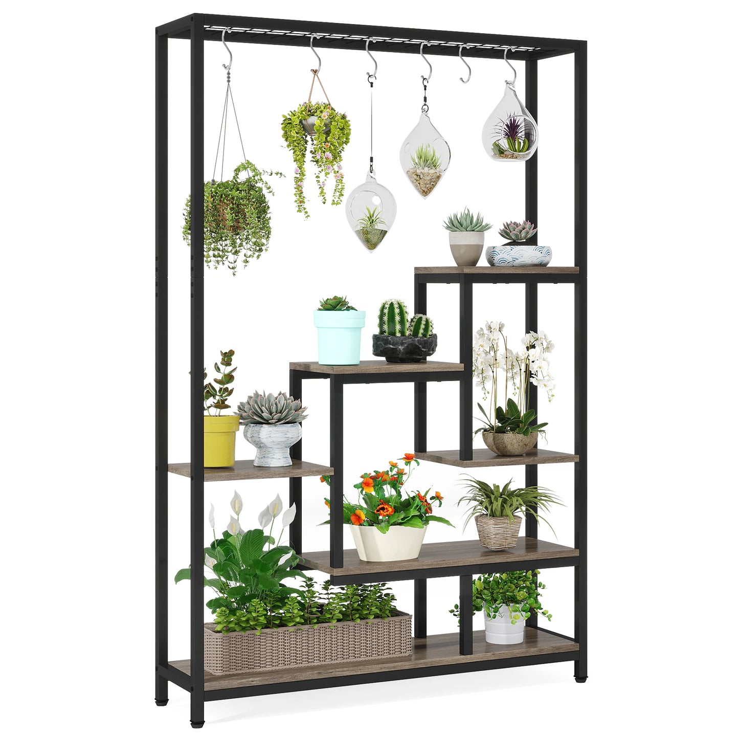 Tribesigns 5-Tier Tall Indoor Plant Stand, 70.9" Large Metal Plant Shelf with 10 Hanging Hooks for Garden, Balcony, Living Room & Patio