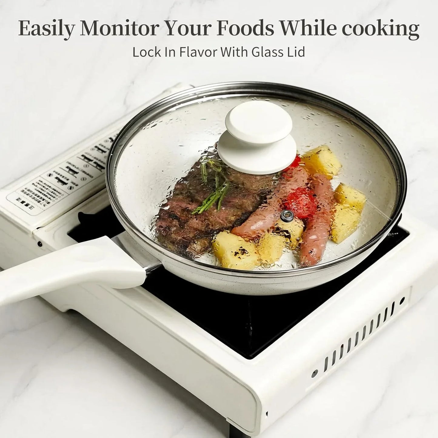 3-Piece Ceramic Nonstick Frying Pan Set with Lids – White Marble Coating, Induction-Ready, Toxin-Free, Oven-Safe up to 302°F