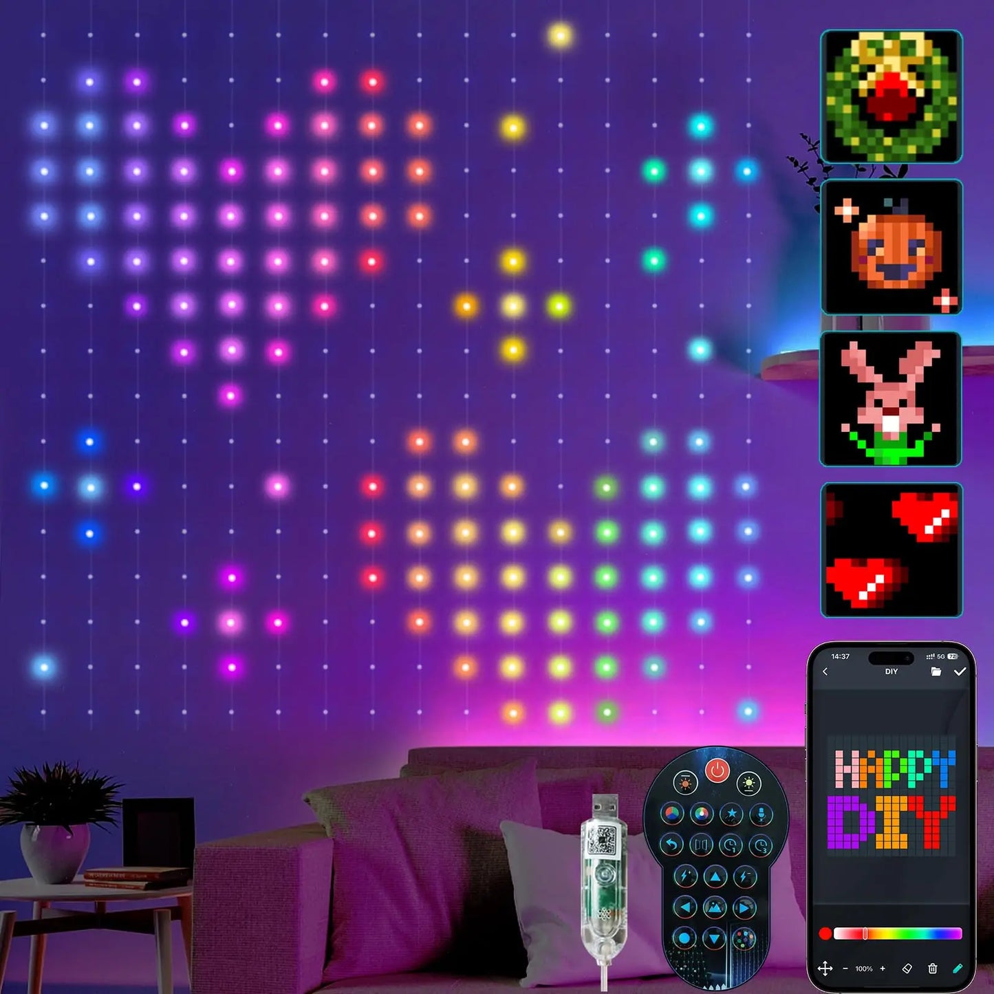 LED RGB Controlled Text Programmable Music Sync Remote Smart App String Fairy Lights Curtain