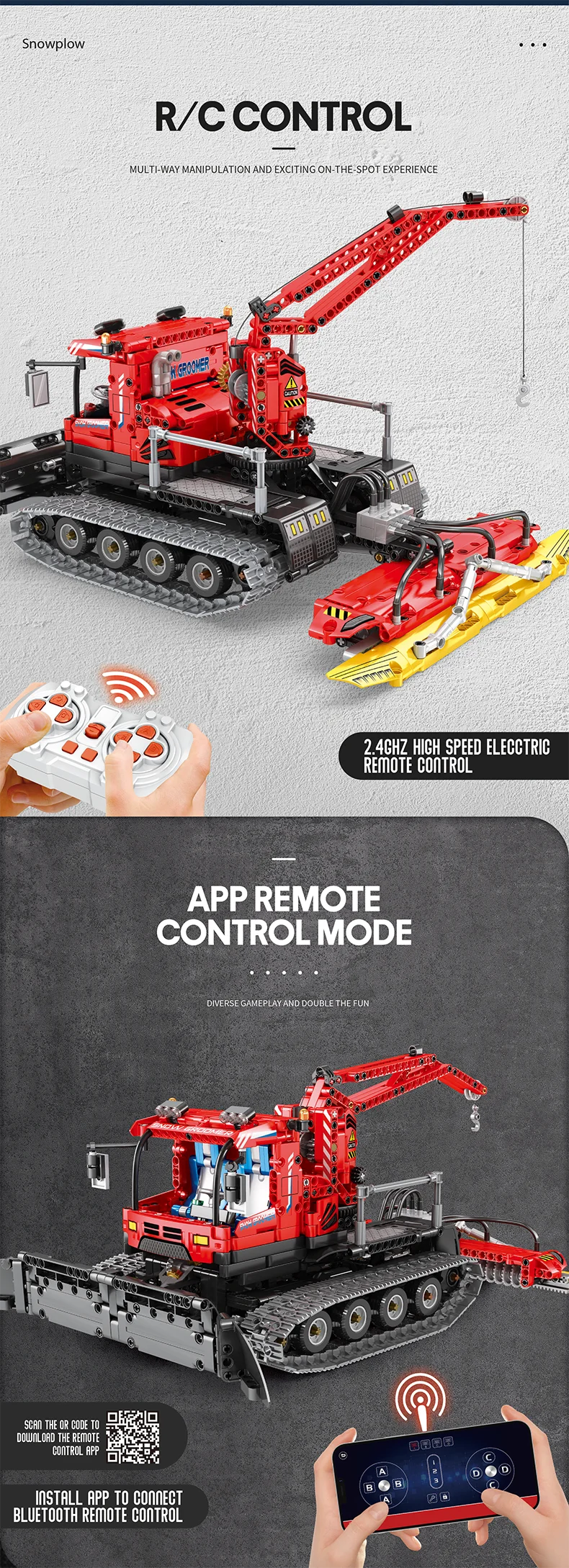 Reobrix RC Snow Groomer Building Kit – Motorized Construction Vehicle Toy with Remote Control, App Control, and Realistic Functions