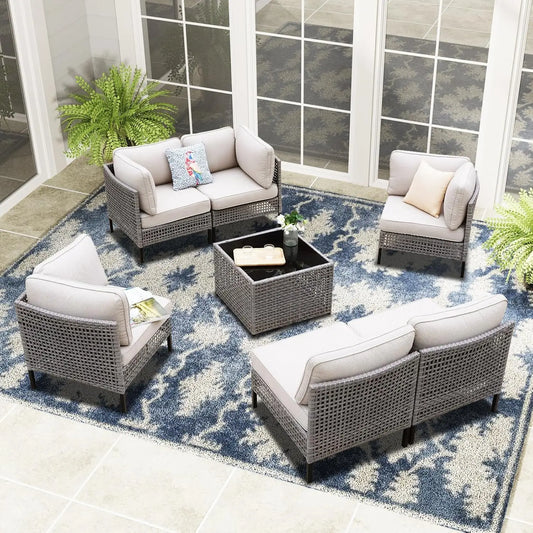 7-Piece Patio Rattan Furniture Set with Armchairs, Armless Chairs & Table