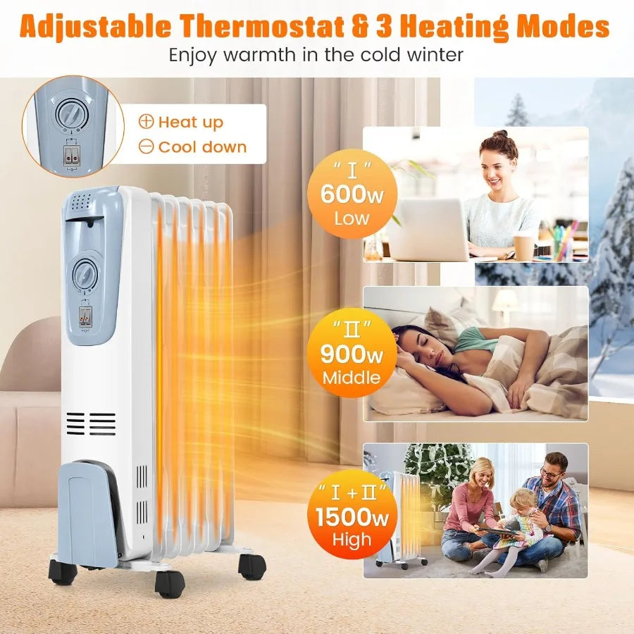 1500W Oil Heater Portable Oil Space Heater w/ Adjustable Thermostat, 3 Heat Settings, Overheat & Tip-Over Protection