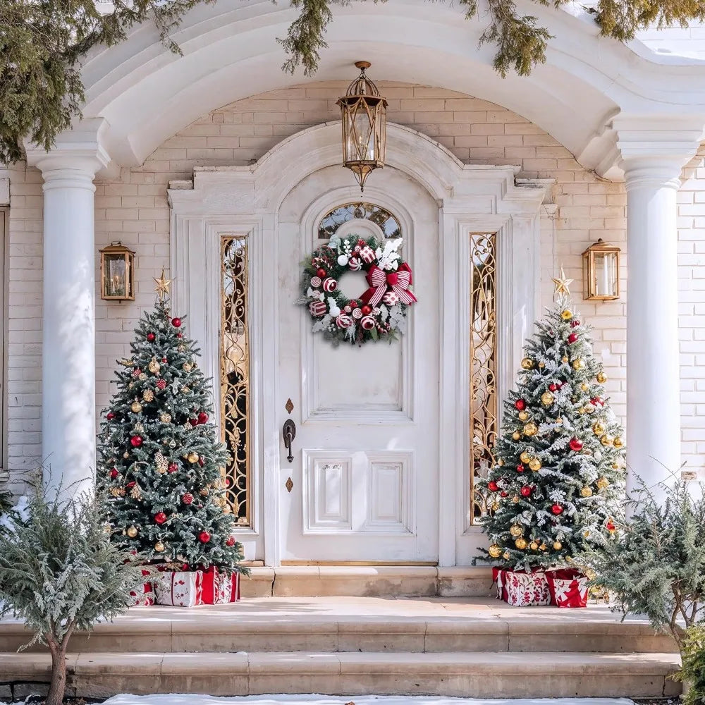 Large Outdoor Red & White Decorated Lighted 24 Inch Pre-Lit Front Door Christmas Wreath Christmas Decor