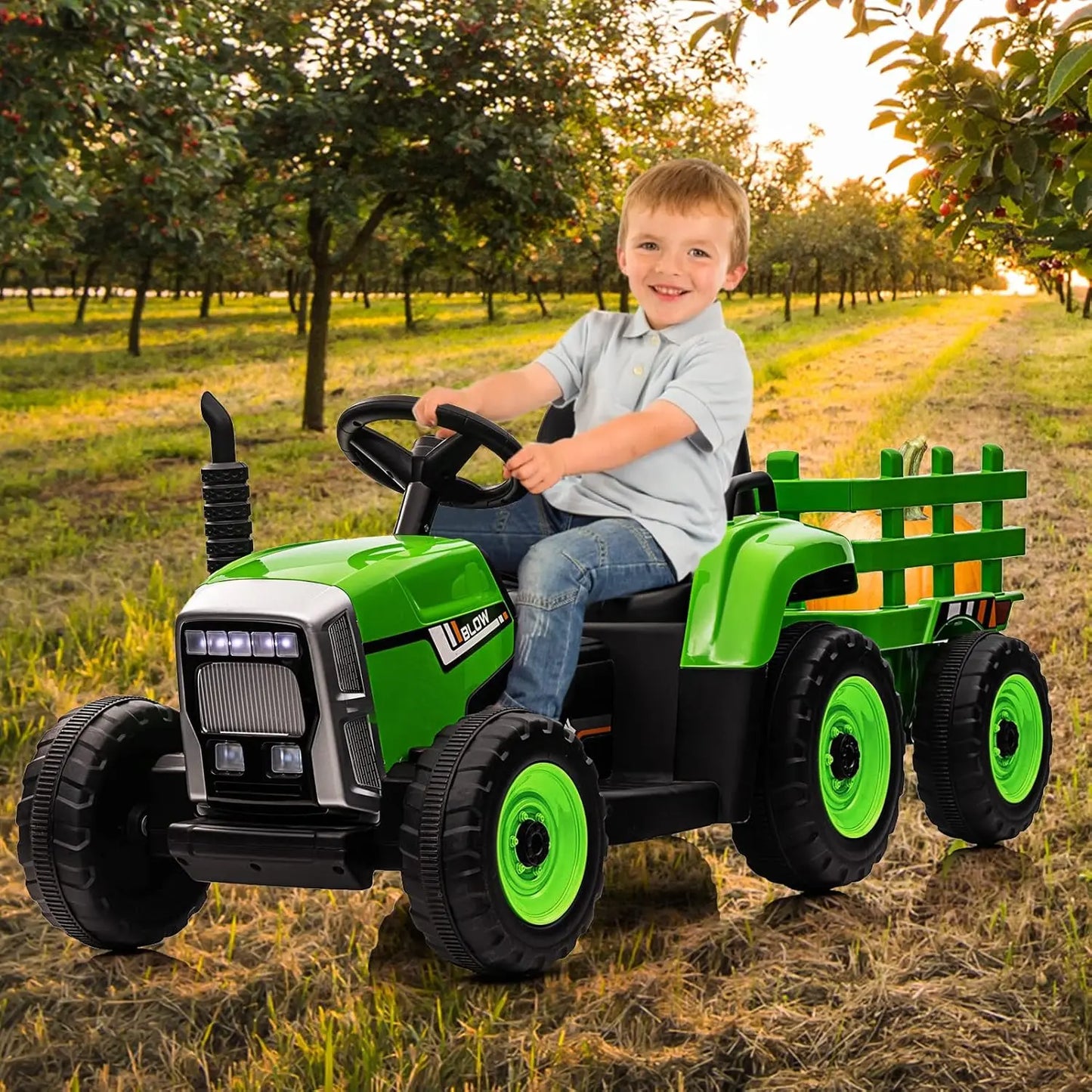Kids Ride-On Electric Tractor with Remote Control & Trailer – 12V Battery 25w/35w, EVA Tires, Headlights & Bluetooth Music