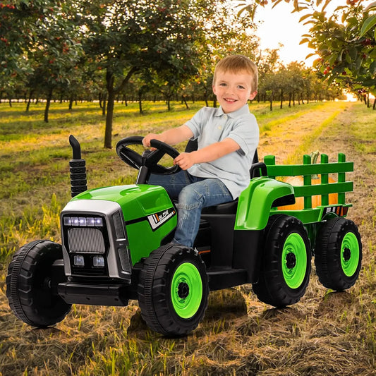 Kids Ride-On Electric Tractor with Remote Control & Trailer – 12V Battery 25w/35w, EVA Tires, Headlights & Bluetooth Music