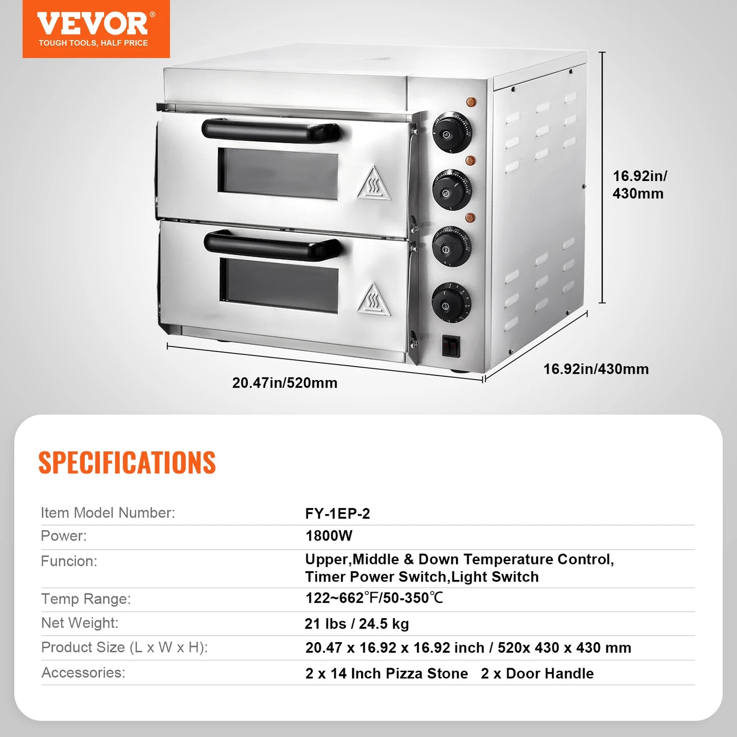 VEVOR 16" Countertop Electric Pizza Oven with Dual Heating Tubes & Adjustable Temp Control, Stainless Steel Commercial Pizza Maker