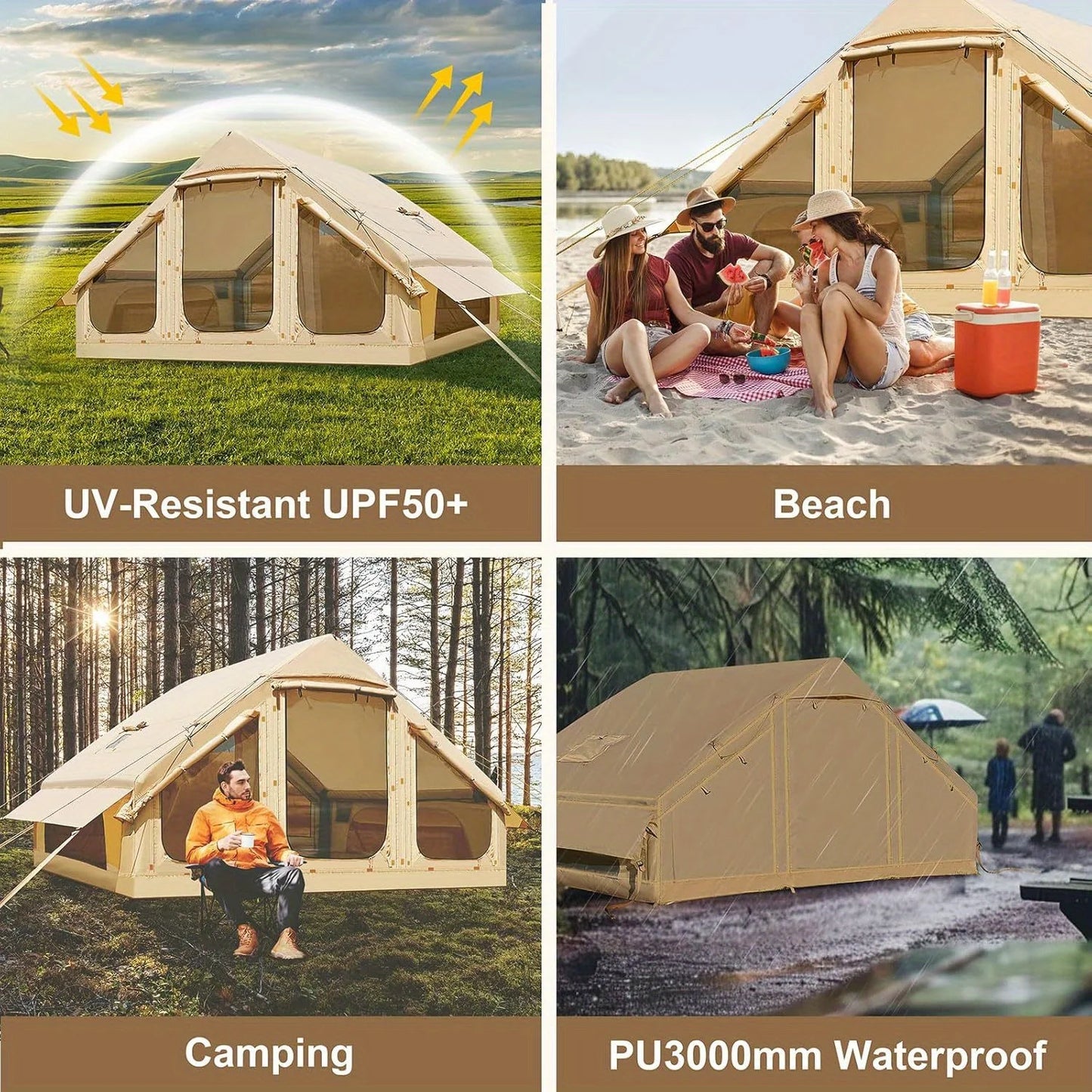 Inflatable Camping Tent for 1-6 People with Skylight, Stove Jack & PU3000 Waterproof Protection