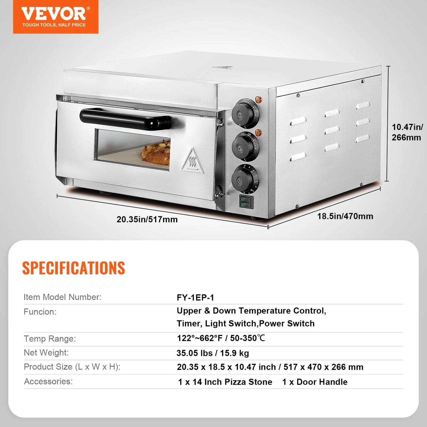 VEVOR 16" Countertop Electric Pizza Oven with Dual Heating Tubes & Adjustable Temp Control, Stainless Steel Commercial Pizza Maker