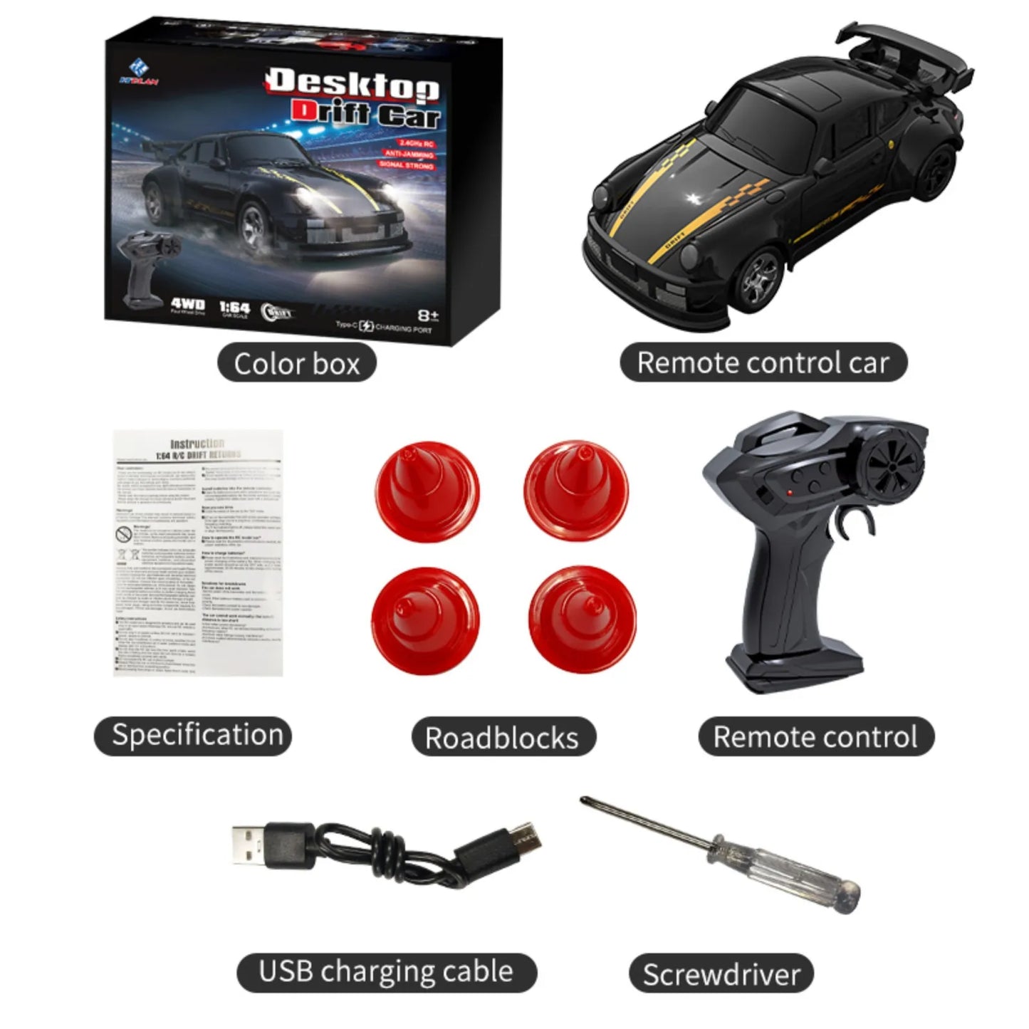 KF20 1:64 Mini Drift RC Car – 4WD Remote Control Racing Car with LED Lights, USB-C Charging, Full Proportional Control Toy for Kids & Adults