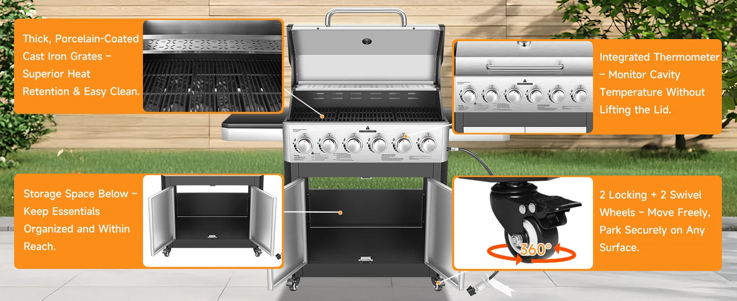 6 Burner Propane Gas Grill, 60,000 BTU Cabinet Outdoor BBQ with Warming Rack, 643 Sq. In. Cooking Area