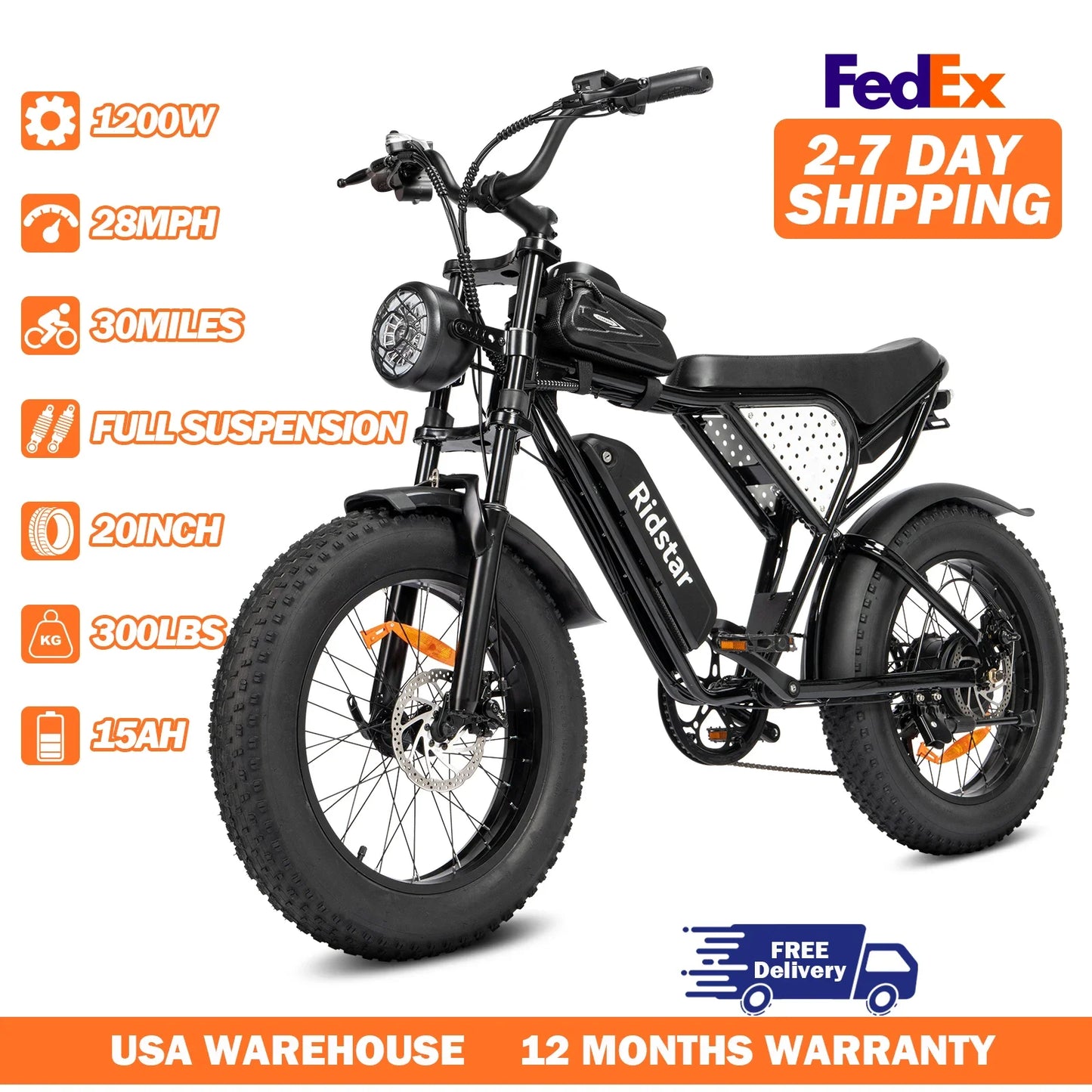 Ridstar Q20 Lite Electric Bike 1200W Peak Motor 20” Fat Tire E-Bike with 48V Battery