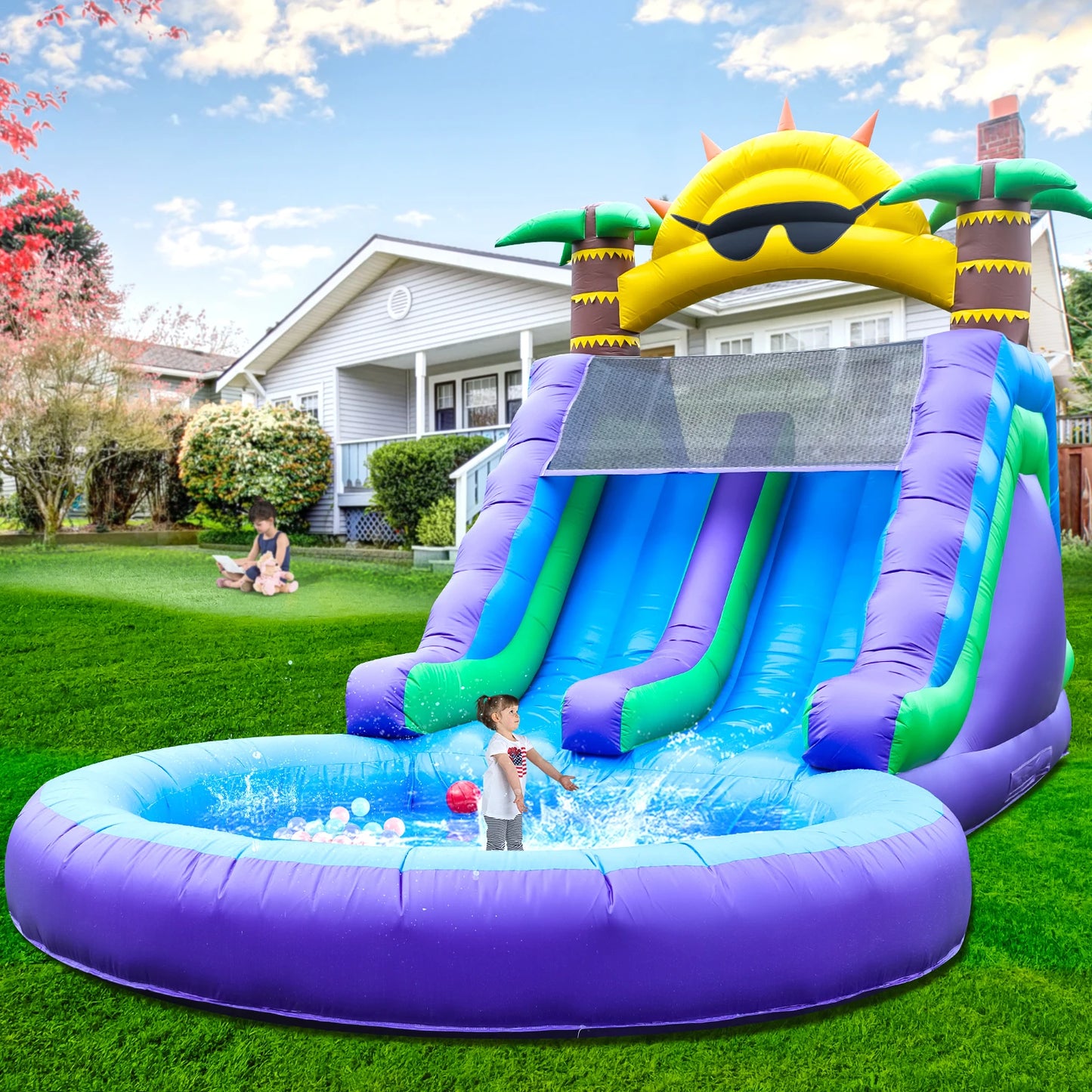 Inflatable sunflower water slide with splash pool, double slides, and air blower