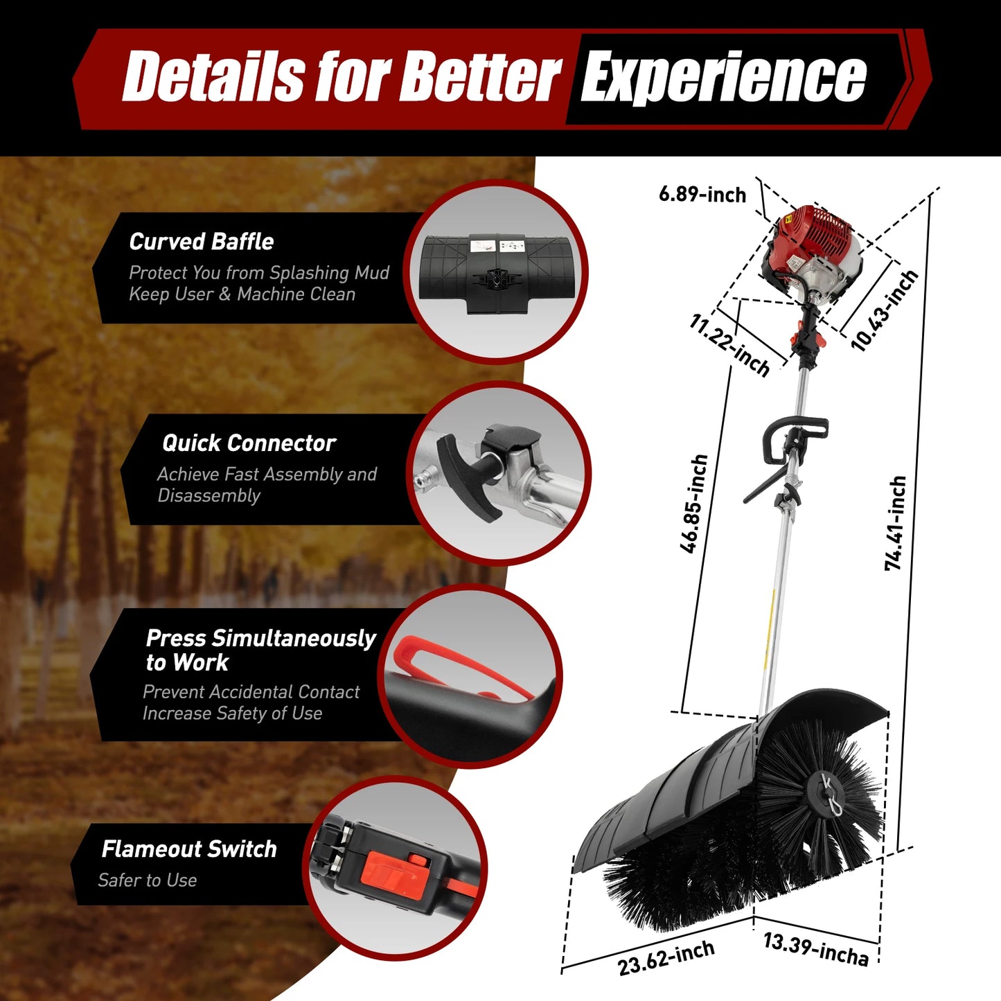 2.3HP 52CC Gas Power Walk Behind Sweeper – Handheld Outdoor Broom for Snow, Leaves, Mud, and Artificial Grass | Heavy-Duty 2-Stroke Engine