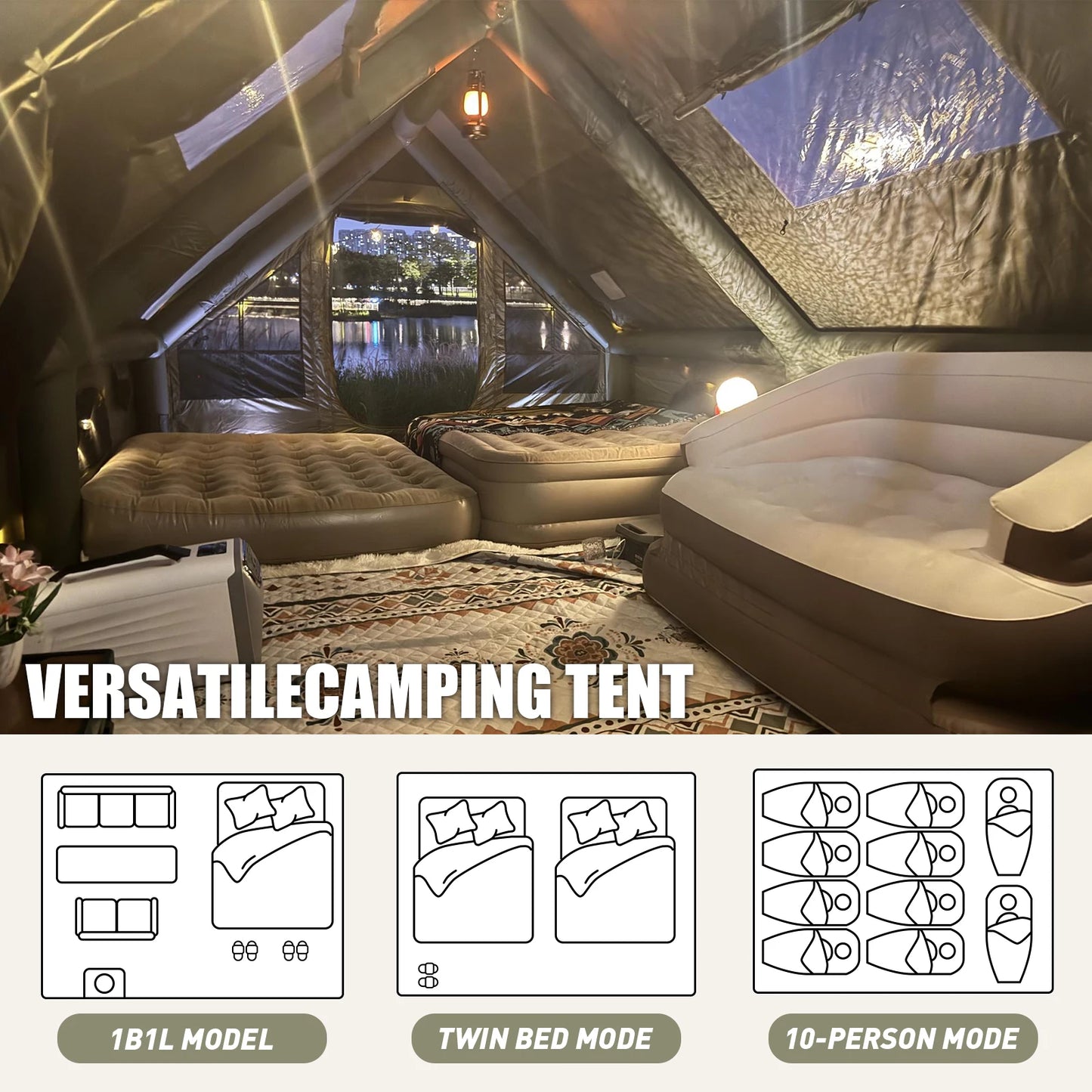 Army Green Waterproof Windproof Inflatable Camping Tent 4-Season Air Glamping Tent House with Chimney Opening & AC Vent